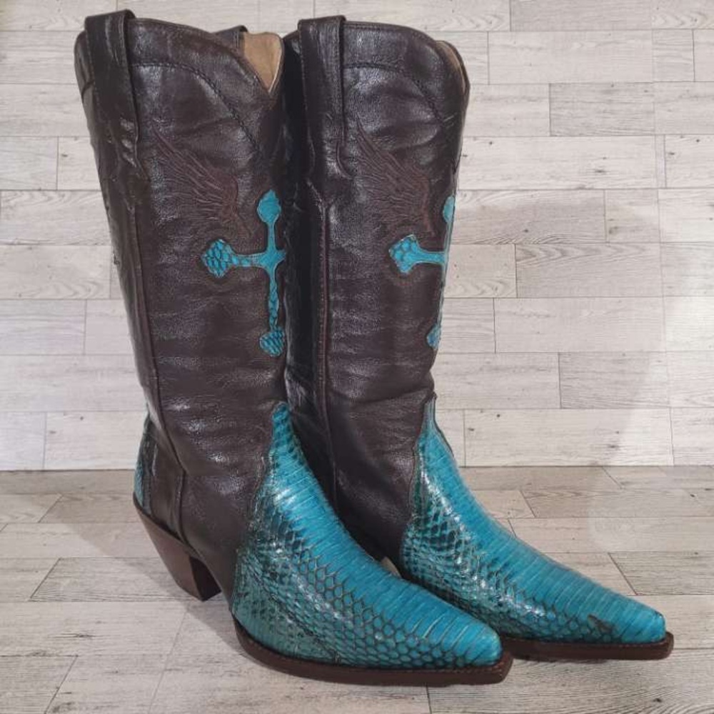 Rogers Boots Turquoise Cobra Snakeskin Brown Leather Rodeo Cowboy Boots Size 7
